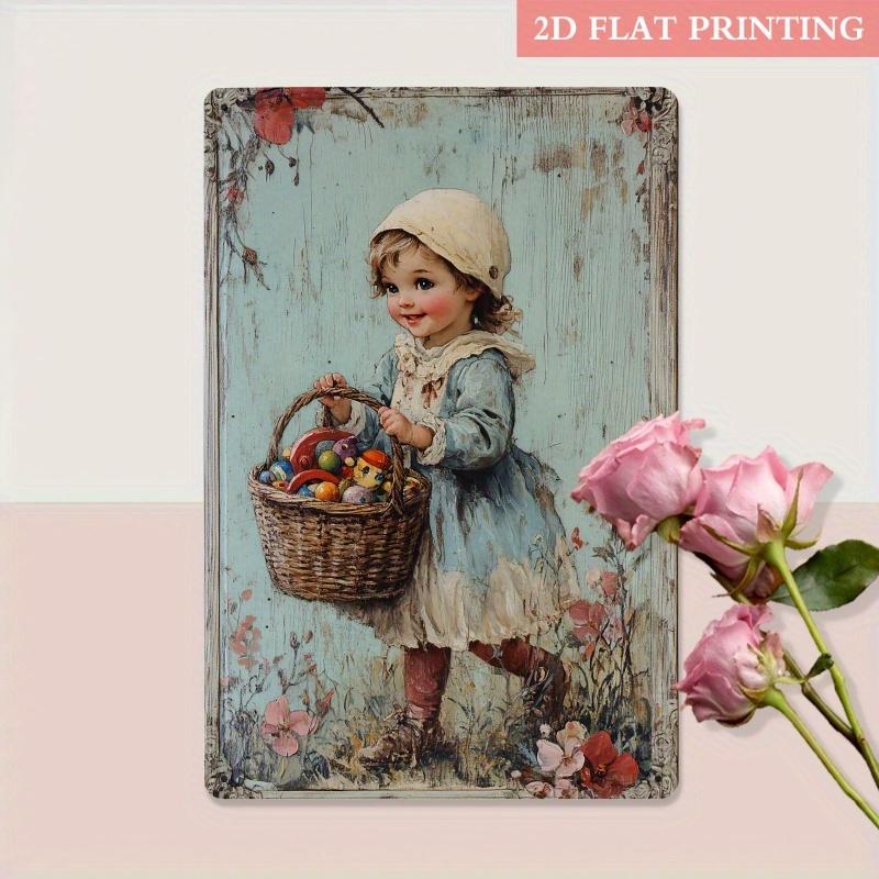 2D Flat, 1pc Vintage Metal Wall Sign - Little Girl with Toys Rustic Farmhouse Decor, 8x12 Inch Iron Country Charm Art
