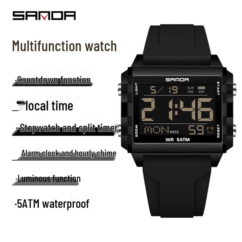 Sanda Waterproof Luminous Sports Watch: Square, Transparent Timer for Students