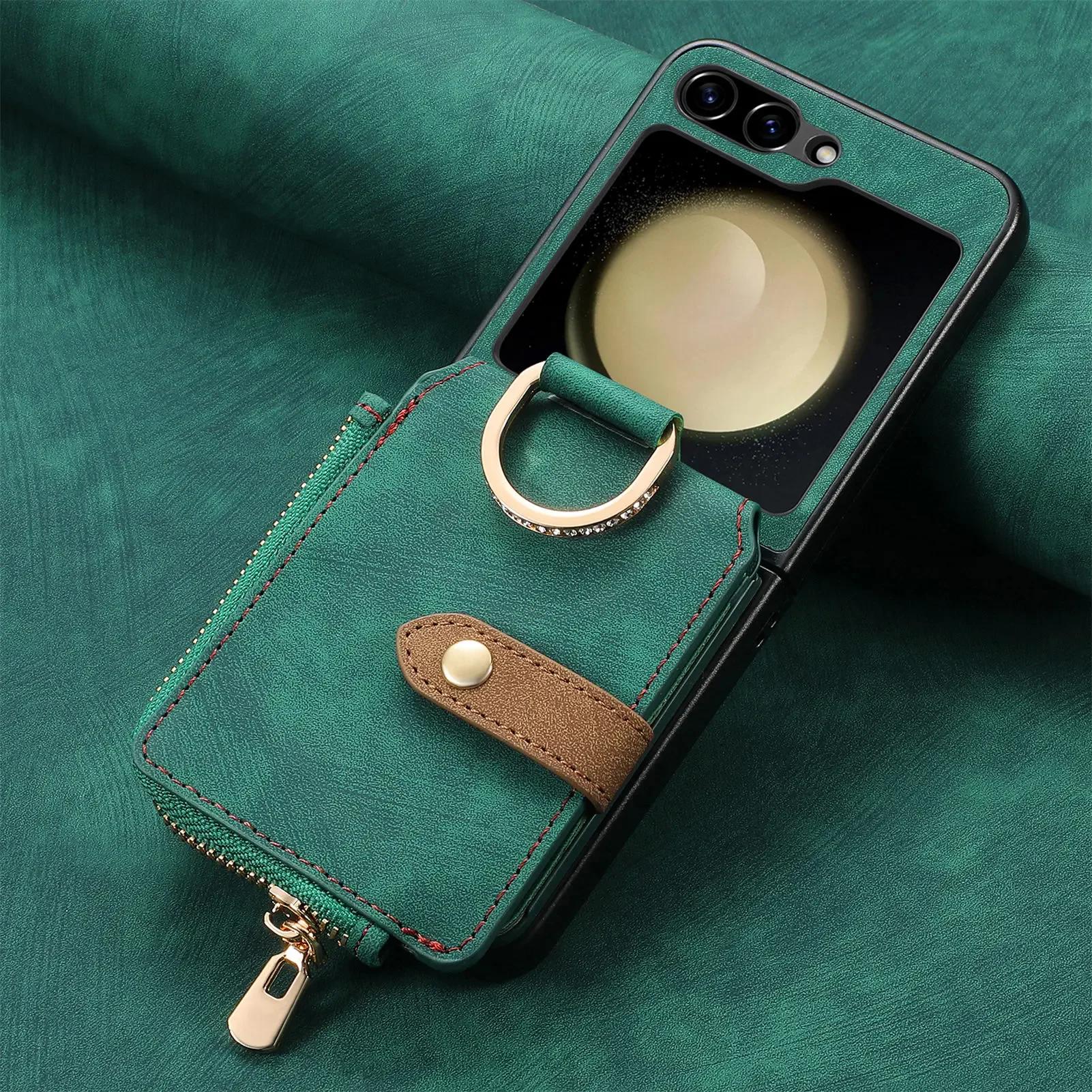 

Zipper Cards Solt Purse Ring Holder Vintage Leather Wallet Case for Samsung Galaxy Z Flip 7 FE 6 5 4 5G Flip5 Bag Stand Cover for Samsung Z Flip 4 зелёный