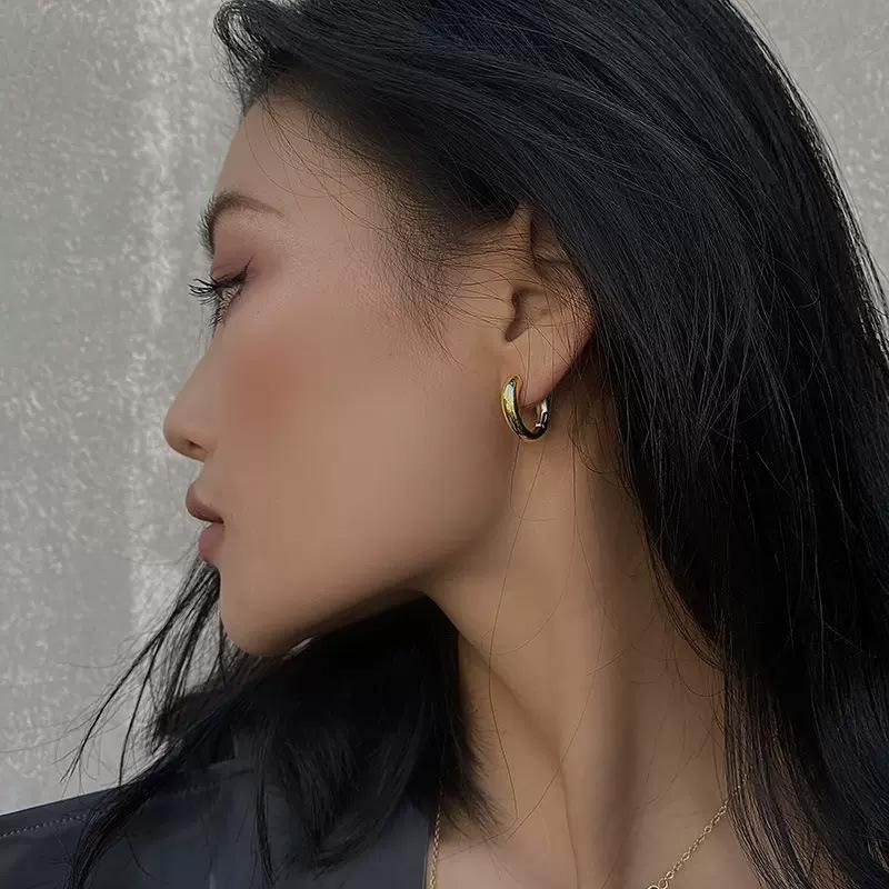 Earrings, Female Style, Personality, Niche Temperament, Metal Circles, Ear Buckles, Two-color Splicing Earrings.