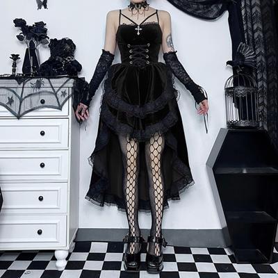 Damska sukienka cosplay w ciemnym stylu na imprezę halloweenową Koronkowa łatka Nieregularny dół Bez rękawów Wąska talia Falbany Regulowane paski w talii