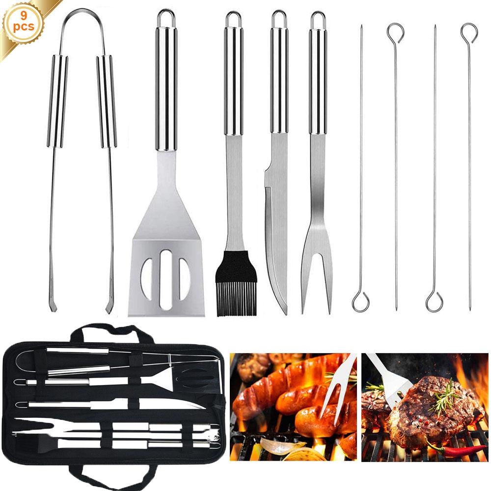 

9 piece grilling set with stainless steel patio grilling tools, forks, shovels, brushes, grill spatula and other grilling tools
