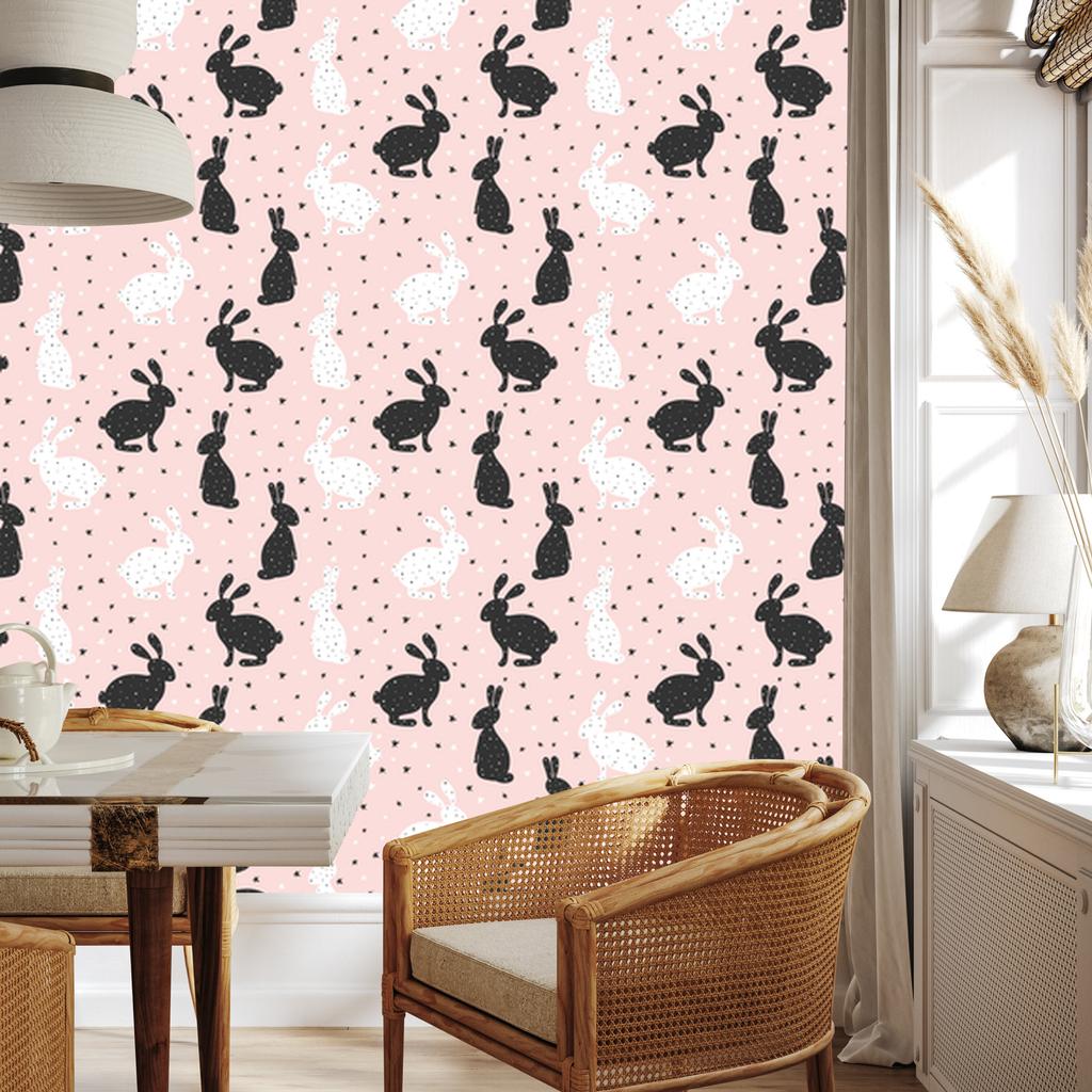 Wallpaper Black and White Bunnies Among Stars for Living Room and Bedroom 50x1000