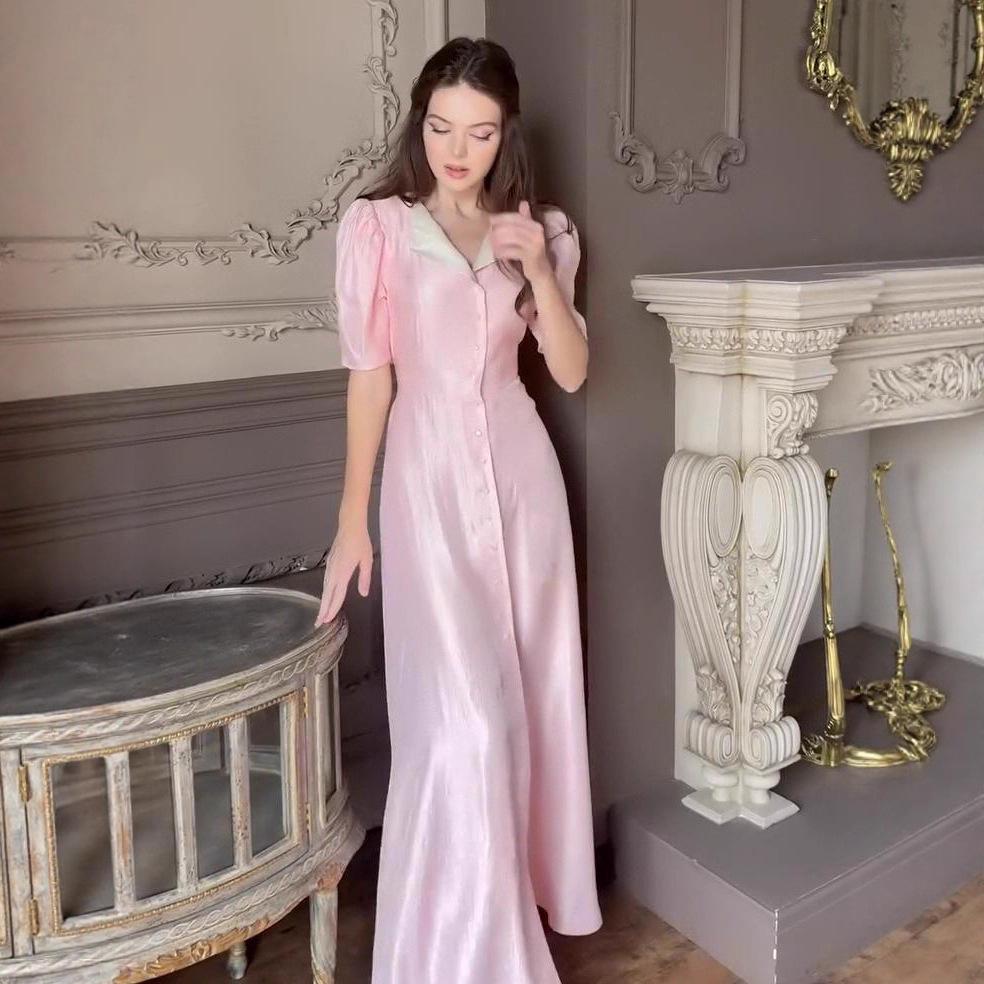 2025 Summer Satin High-Waisted Evening Dress with Slit & Puff Sleeves