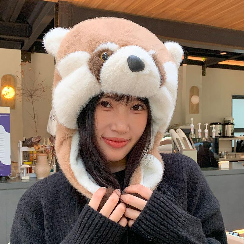 Mignon raton laveur de dessin animé en peluche femelle hiver extérieur ski chaud protection froide des oreilles bonnet à enfiler étudiant