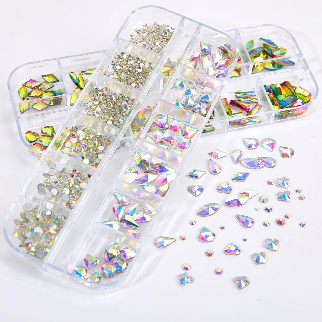 Broca para Nail Art 12 Compartimentos Strass Fundo Plano Broca Formato Especial Unha Vidro AB Aurora Transparente Broca Unha Conjunto de Joias para Nail Art