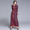 Vår Høst Motemerkedesigner Runway Letters Print Rød Vintage Maxikjole Kvinner Turn Down Krage Langermet belte Snøring Festkjoler