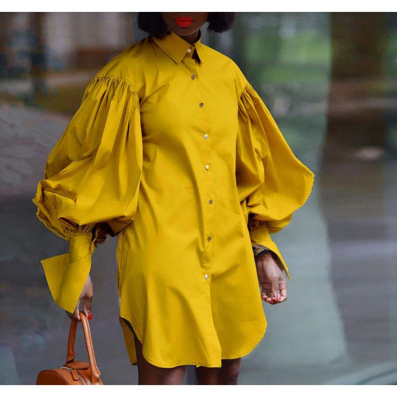 

2021 New plus Size WOMEN S Puff Sleeve Lapel Shirt Dress Yellow XL