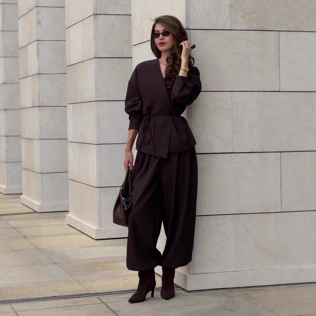 Two-Piece Set V Neck Tie Waist Blouse and Wide Leg Pants