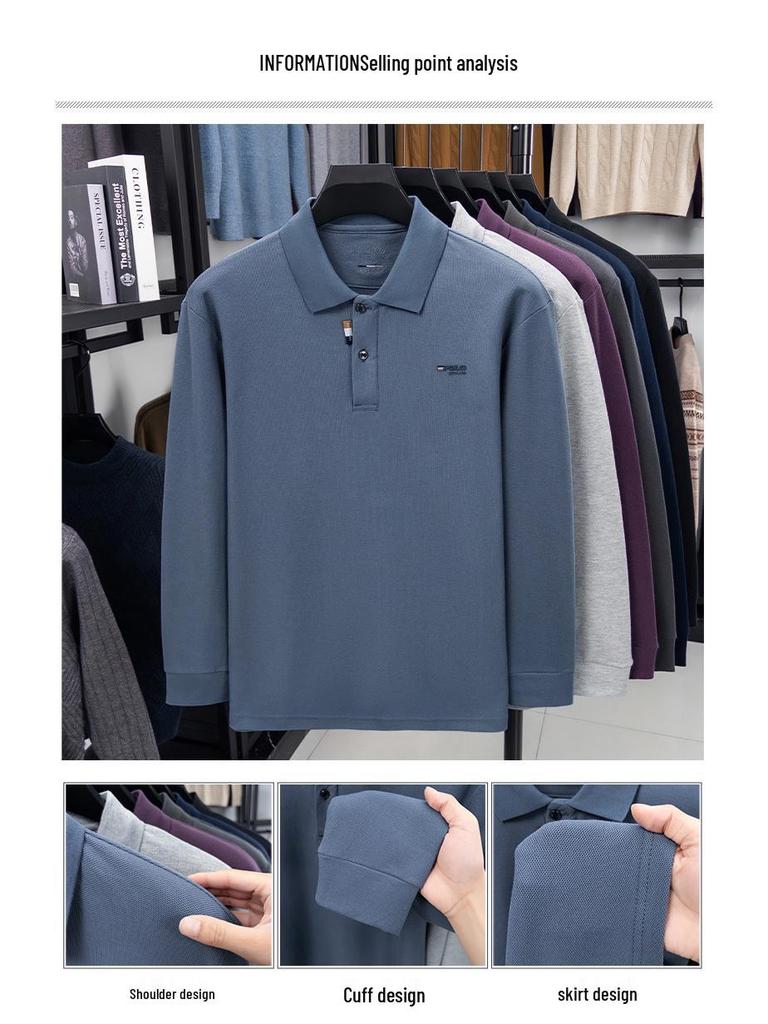 Men's Autumn Turn-Down Collar Long Sleeve Polo Shirt - Solid Color Embroidered & Loose Fit