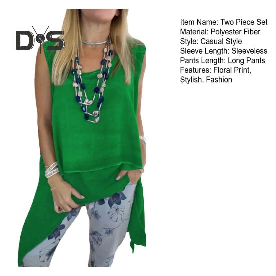 Dames 2-delt loungesett Ermeløs asymmetrisk kant tanktopp Blomsterprintede joggebukser Sett Casual løst antrekk for vår sommer