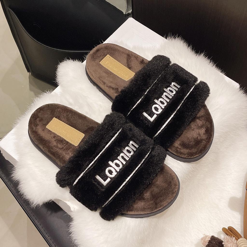 One-word Open-toed Fluffy Slippers for Women, New Autumn and Winter Letters, Round Head, Comfortable and Versatile Flat-bottomed Slippers for Women
