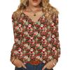 Women's Fashionable Casual V-neck Blouse Button Christmas Printed Long-sleeved Pullover T-shirt Top