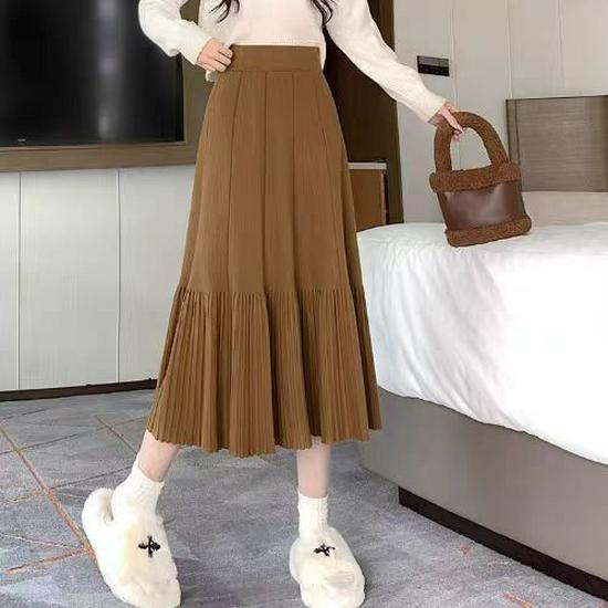 Women's Autumn/Winter 2025 High Waist Knitted Pleated Midi Skirt - Petite A-line Slimming Design