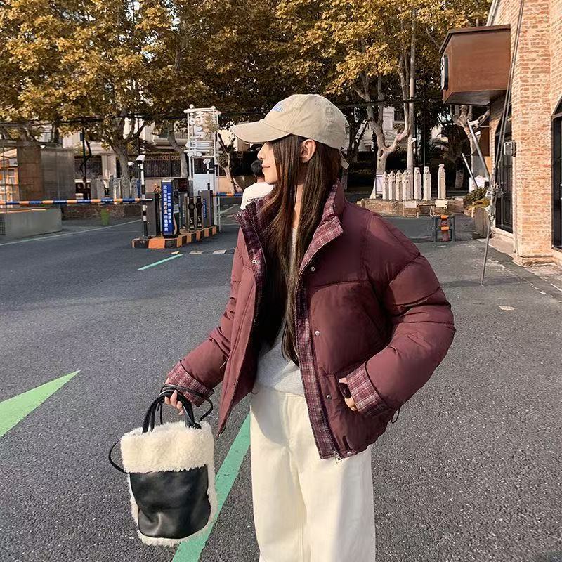 Women's Short Plaid Patchwork Winter Jacket