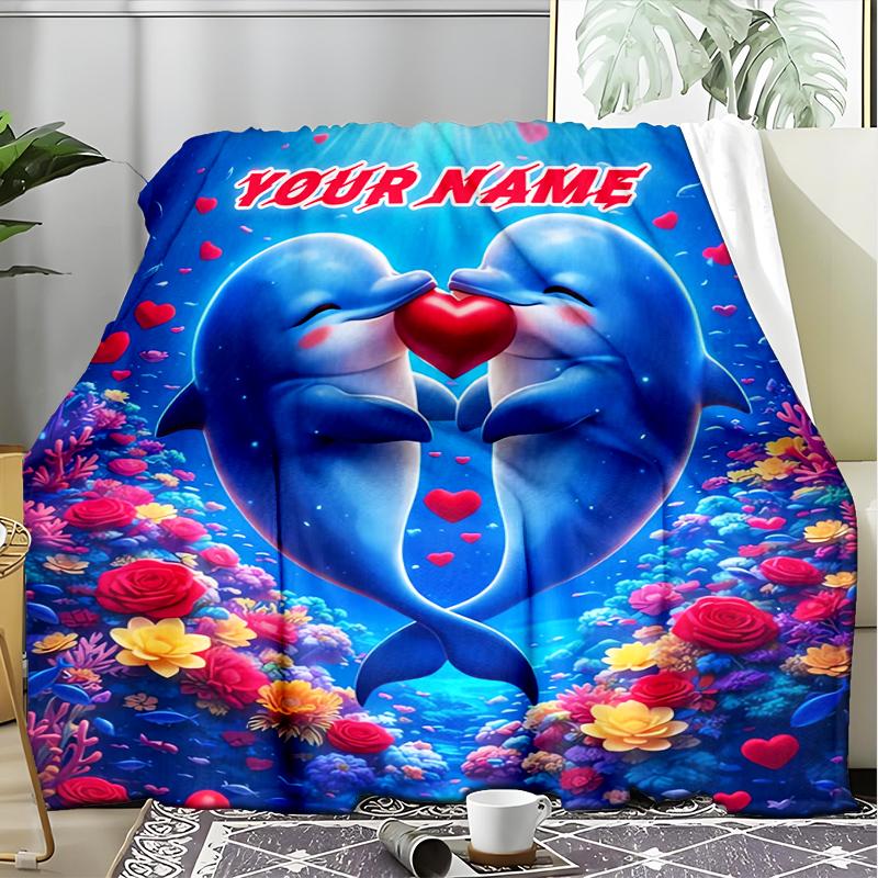 1PC Custom Name Love Between Dolphins Outdooor Flannel Blankets Throw Blanket All-Season Throw Gift Bedspread for Couch, Bed, Camping Holiday Birthda