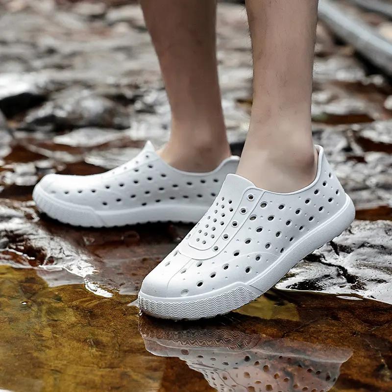 Matching Couple Perforated Sandals Waterproof & Breathable Slip-On Slides for Men and Women, Lightweight Flat Sole Outdoor Beach Shoes for Summer