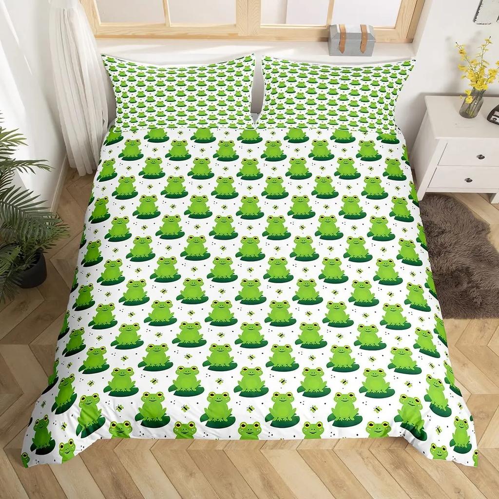 Frog Duvet Cover Set Cute Kawaii Cartoon Frog Pattern King Queen Size Polyester Comforter Cover With Pillowcase For Kids Girls