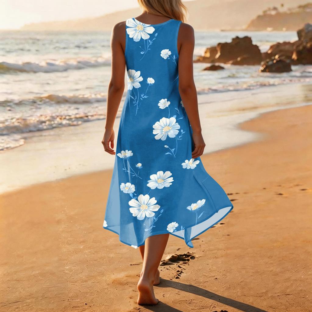 Women's Casual Sleeveless Floral Print Dress Mid-Length Round Neck Irregular Hem Summer Beach Dress