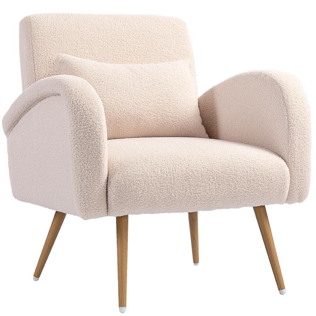 Teddy Fabric Lounge Chair, Upholstered, Wide Seat, Lumbar Cushion, Wood-Effect Metal Legs, Beige