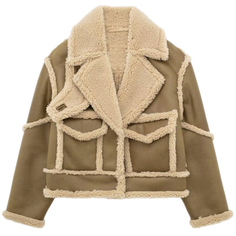 

Western Style 2023 Winter New Women Lamb Wool Patchwork Fleece Double-sided Jacket 4088950 527 Figure Color L