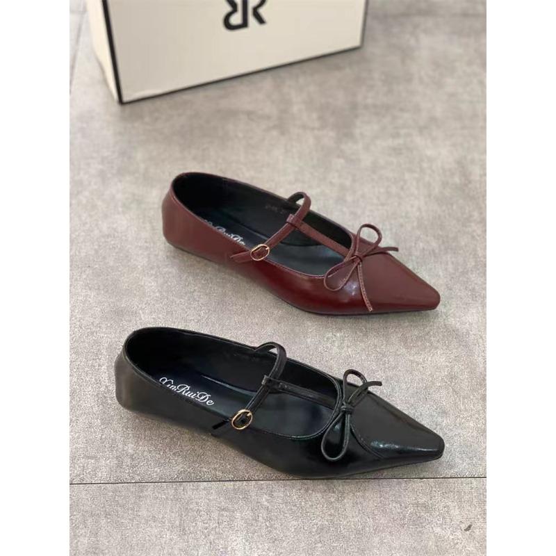 Fashion French Pointed Bow Mary Jane Women's Shoes 2025 Early Spring New Shallow Mouth Flat T Buckle with Temperament Single Shoes