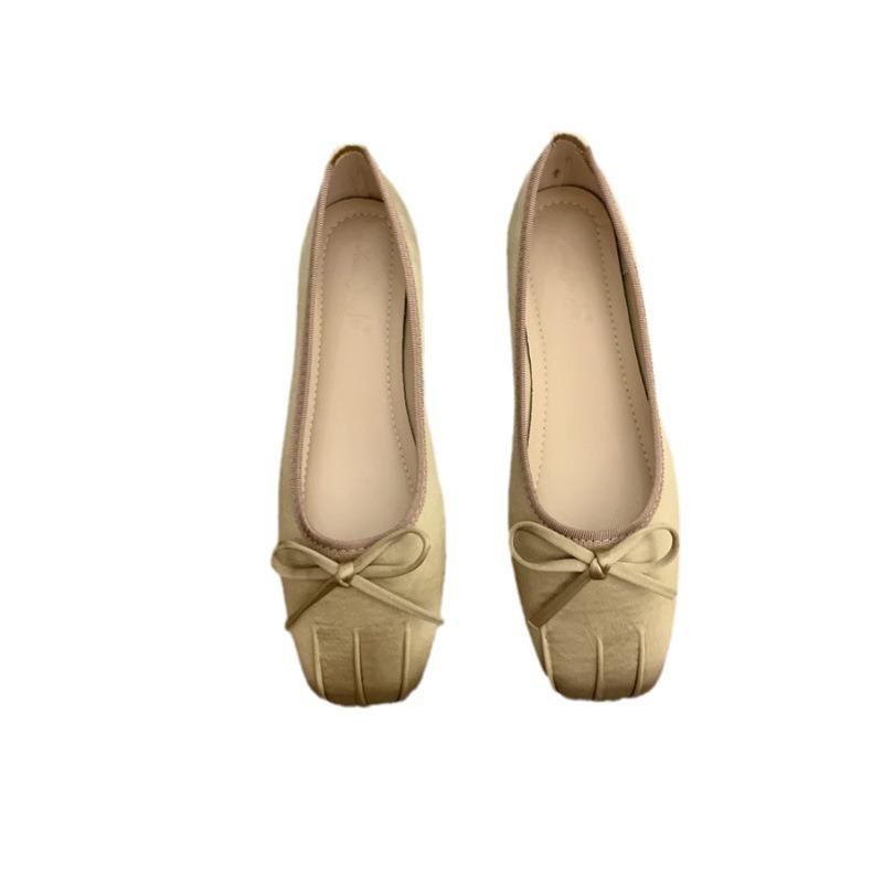 Bow square head shallow mouth flat-soled single shoes women's 2025 spring and autumn new gentle satin surface versatile casual single shoes