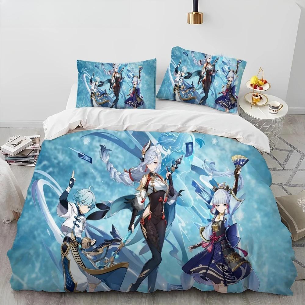 Genshin Impact Game Gamer Cartoon Comforter Bedding Set,Duvet Cover Bed Set Quilt Cover Pillowcase,king Queen Size Bedding Set