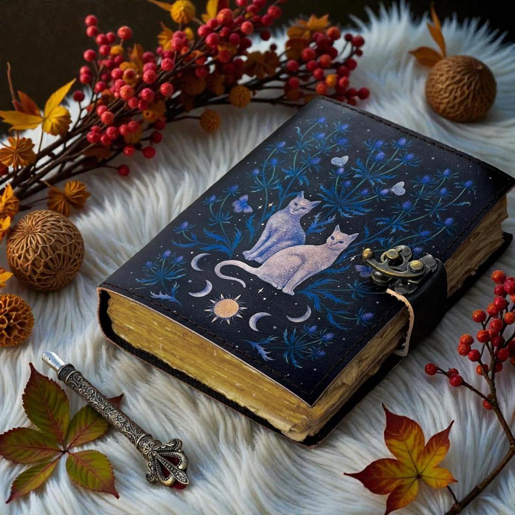 Handmade Leather Journal 5x7 – Moon & Cats Notebook – 200 Deckle Edge Pages – Vintage Lock Diary – Celestial Writing Journal