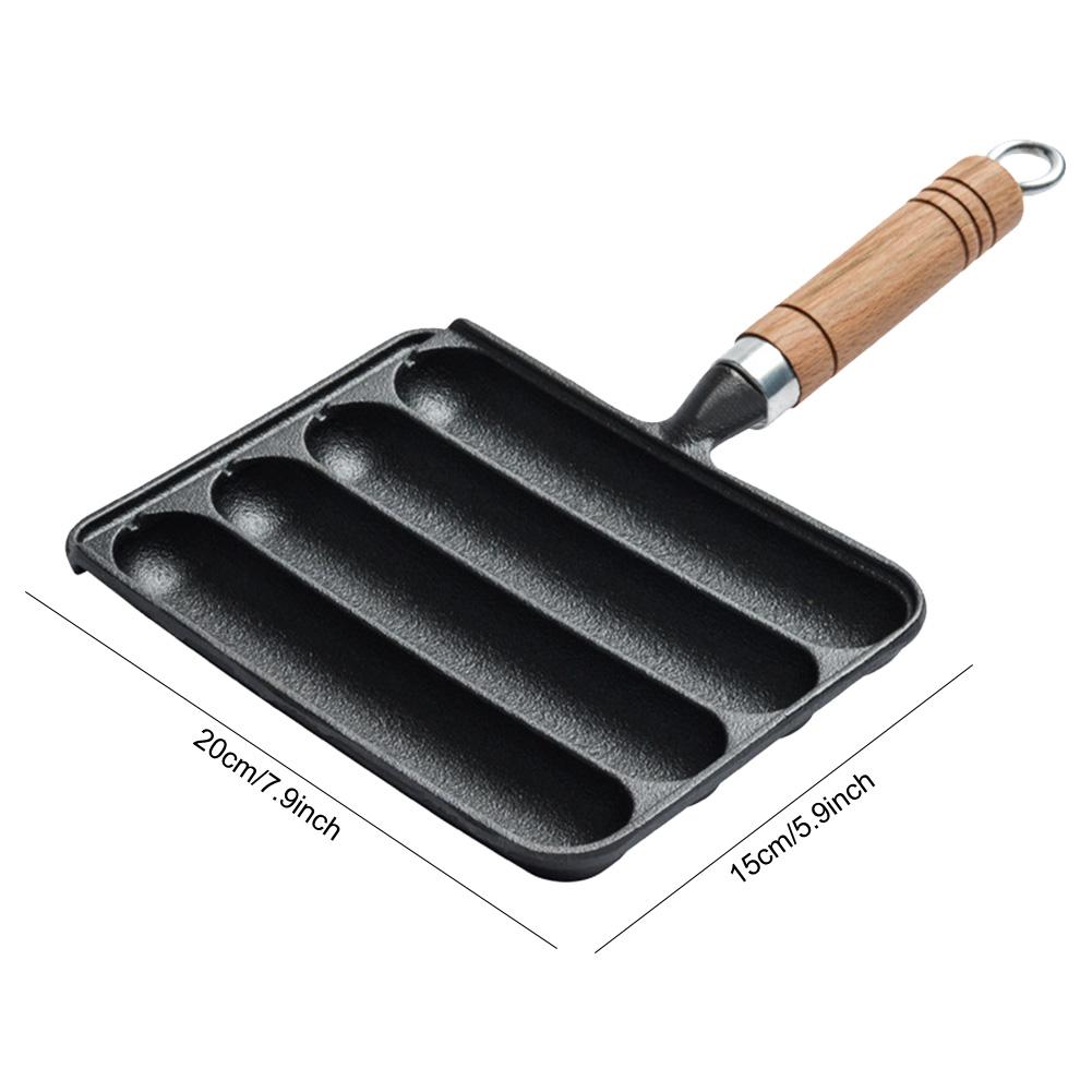 Iron Pre-Seasoned Pot Non-Stick Pot for Grilled Sausage with Wooden Handle Pre-Seasoned Grilled Sausage Pot Sausage Fry Pan