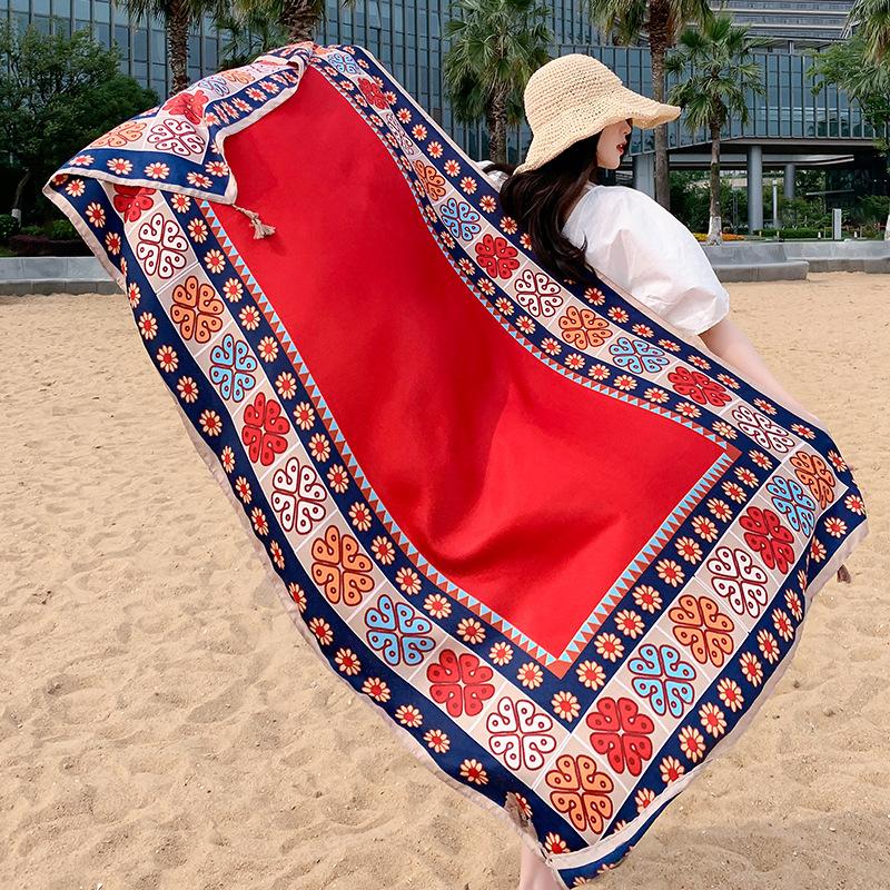 180Cmflower Printed Silk Scarf Ethnic-Style Twill Cotton Scarf Multi-Functional Travel Sun Protection Shawl Women'S Headscarf