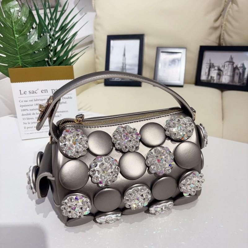 2026 Trendy Rhinestone Cylinder Bucket Bag Large Capacity Zipper Top Shoulder Crossbody PU Leather