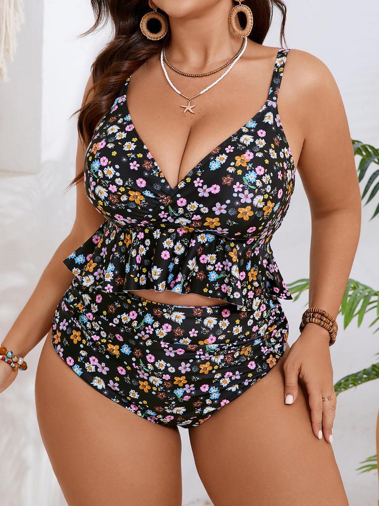 2026 European & American Plus Size Floral Print Tummy Control Slimming Swimsuit for Women