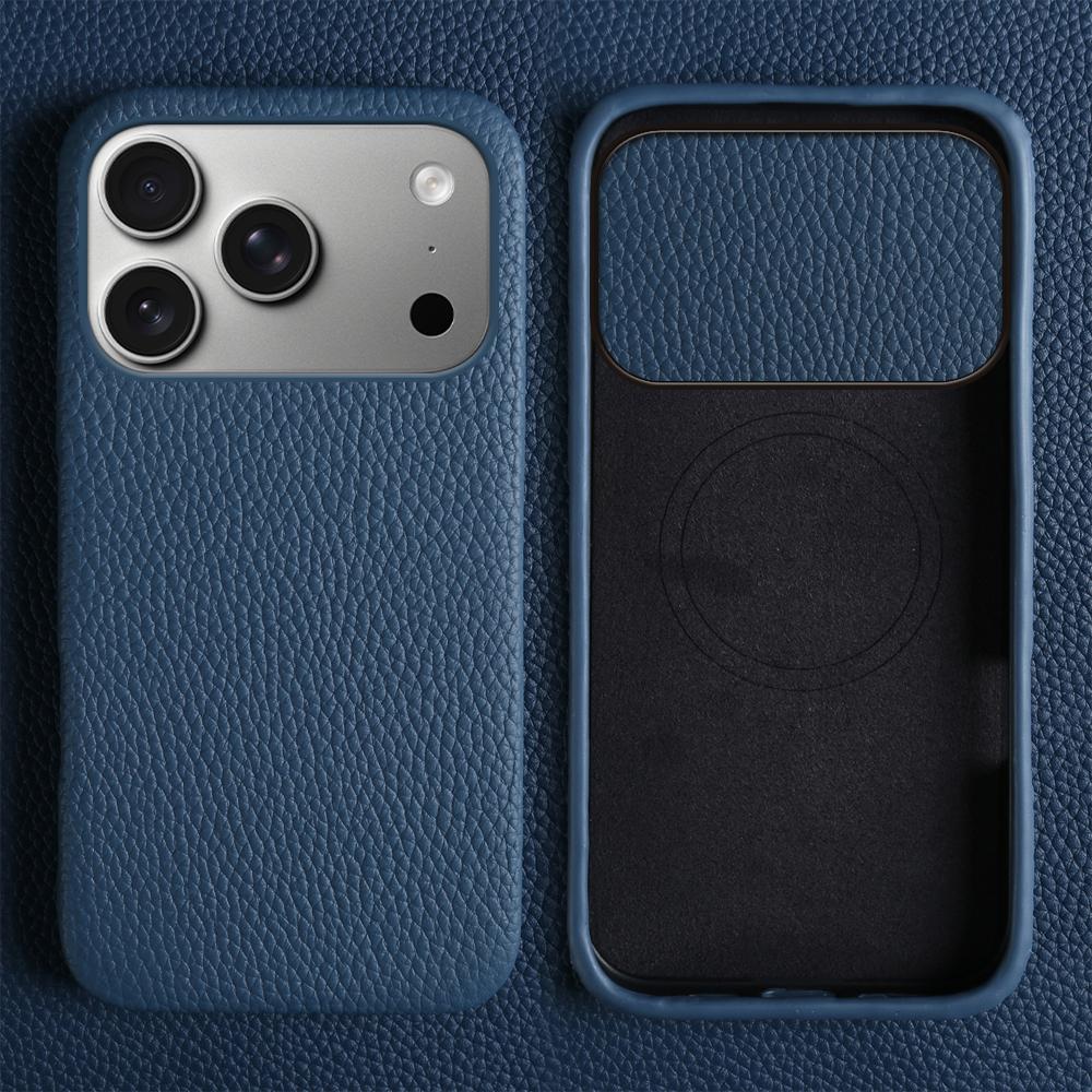 For iPhone 17 Pro Case Compatible with MagSafe Litchi Texture Genuine Cow Leather + PC Phone Cover
