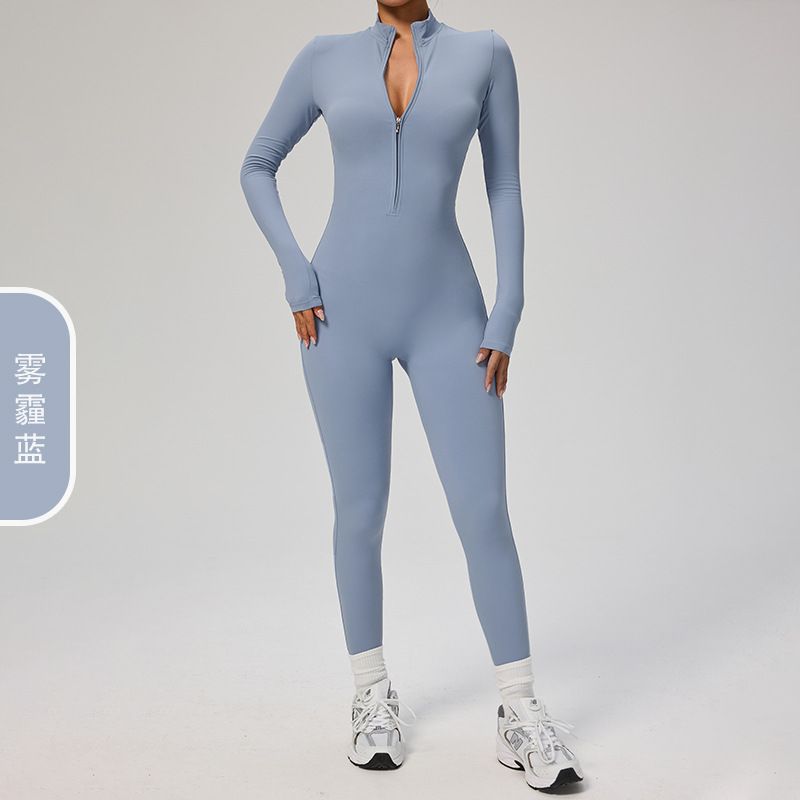 

Export Fashion Zipper Nude Feel Long Sleeves Quick-Drying Yoga Jumpsuit High Strength Fitness Exercise One-Piece Bodysuit Haze Blue L