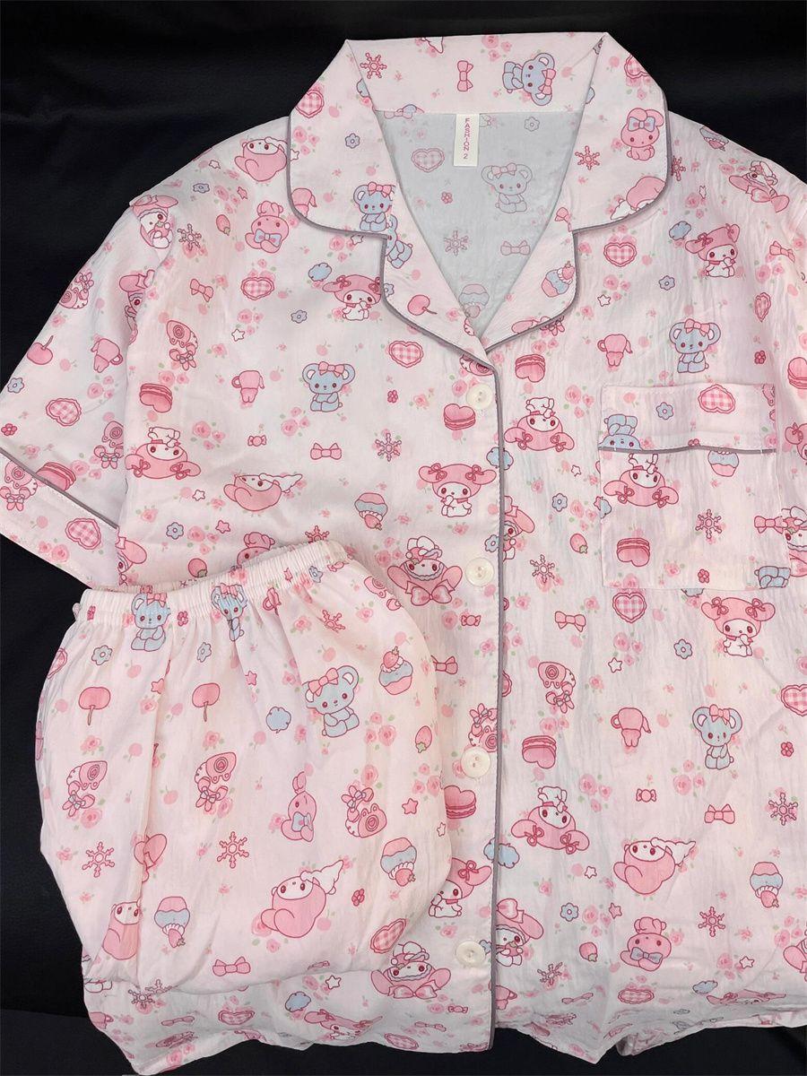 

Pink full print cute Melody girl pajamas summer short-sleeved shorts ins style two pieces can be worn outside loungewear S