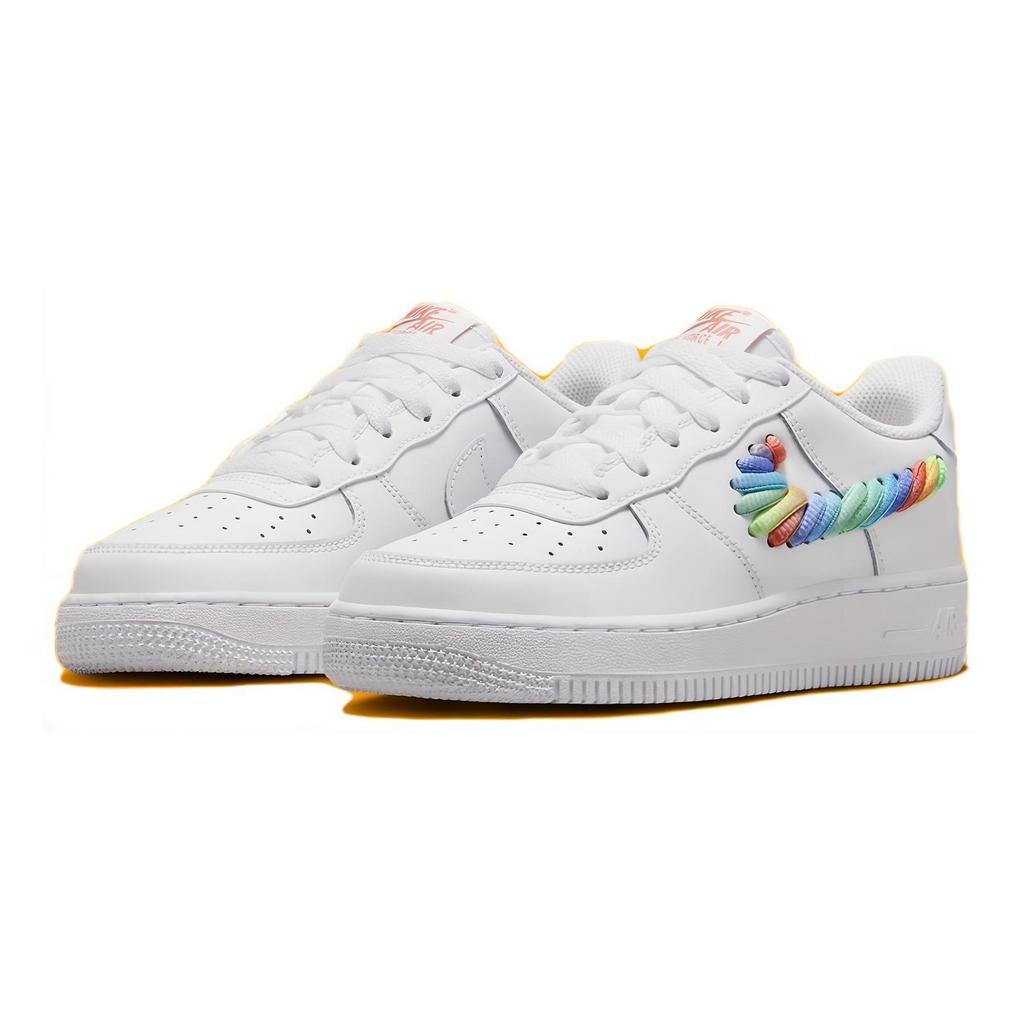 Nike Air Force 1 Low GS Rainbow Lace Swoosh Kids Sneakers White Multi-Color Terra-Blush FQ4948-100