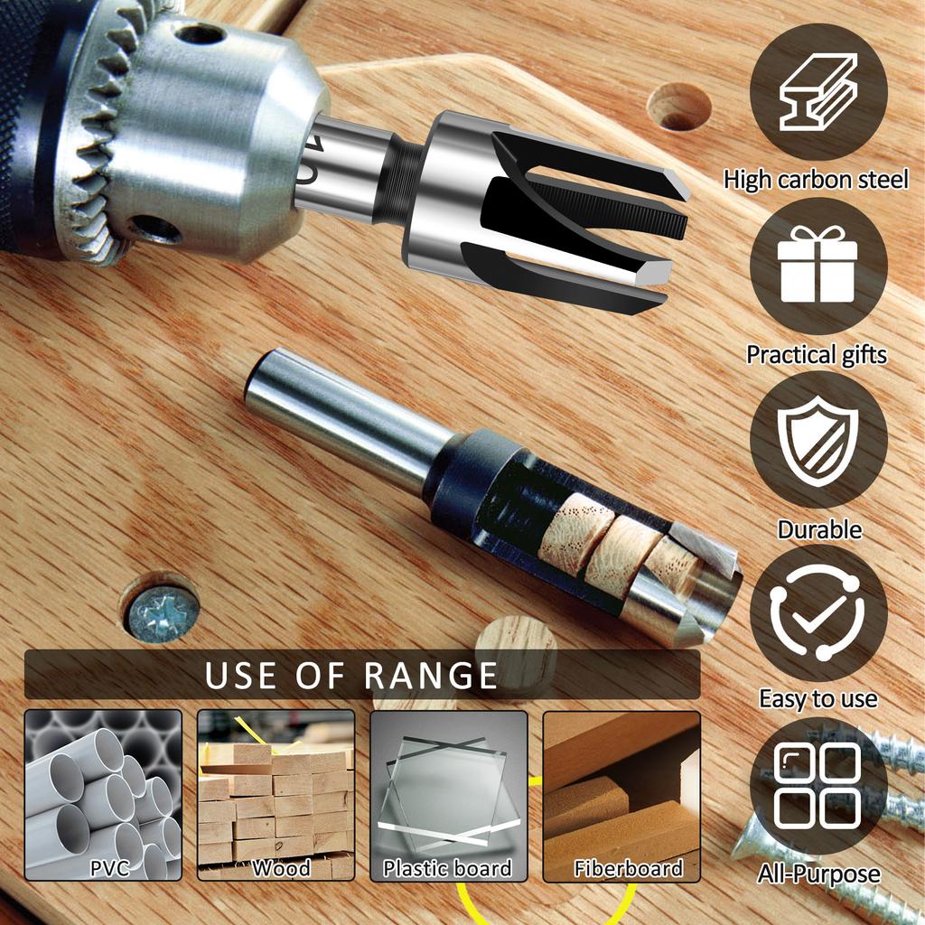 8PCS Wood Dowel Drill Bits Carbon Steel Wood Plug Cutter Countersink Drill Type Round Wood Tenon Drill Bits Round Shank