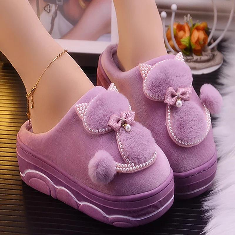 Fashion Girls Winter cotton slippers plush indoor rhinestone ladies shoes 2025 stylish new arrival women platform slippers