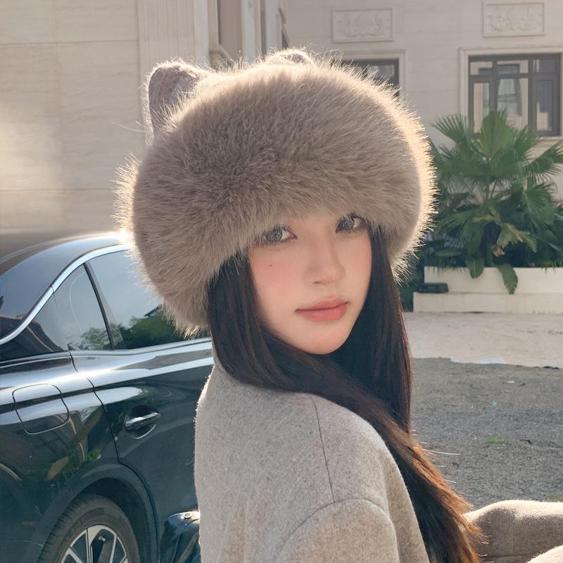 Rabbit Fur Knitted Hat Women'S Winter Cold-Proof And Warm Basin Hat Imitation Mink Ear Protection Cute Cat Ear Thickened Plush Mongolian Hat