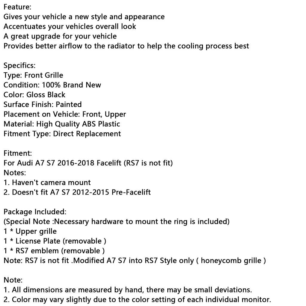 RS7 Style Honeycomb Front Bumper Grille Grill Fit A7 C7 S7 2016-2018 Black