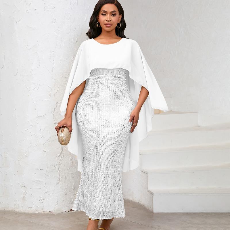 Women's Spring New Fashion Chiffon Cloak Sequins Buttocks Long Dress Banquet Party Dress Dress