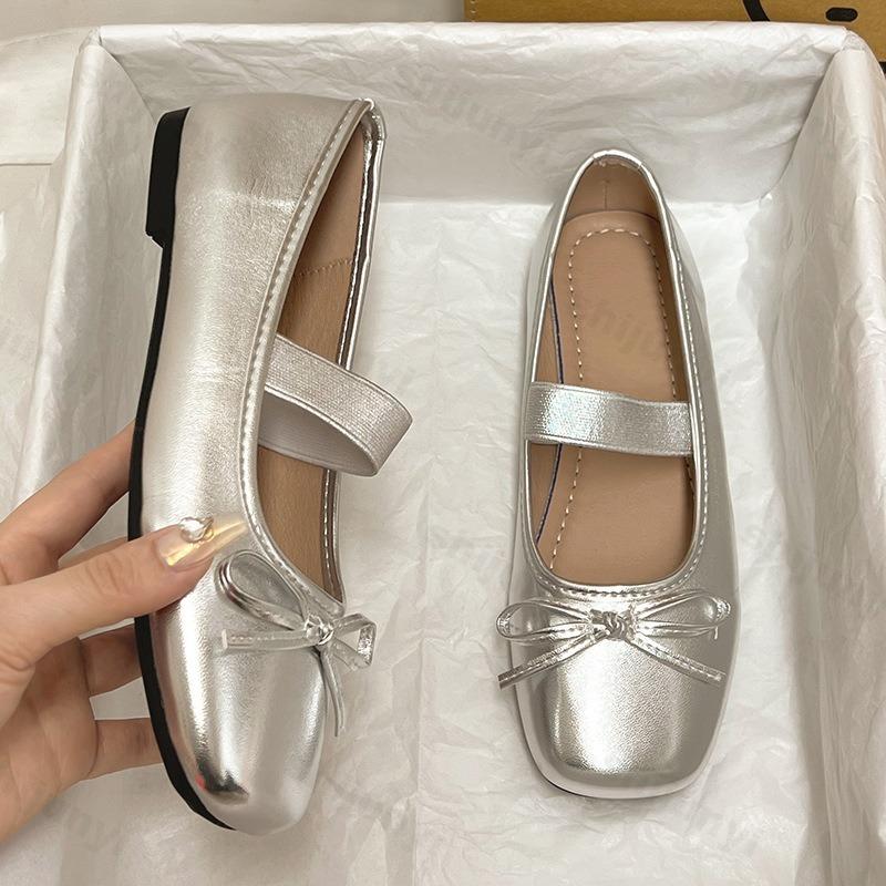 Fashion Woman Ballet Flat Shoes Female Silver Bowtie Mary Jane Square Toe Anti Slip Comfortable PU Leather Retro Casual Zapatillas Mujer