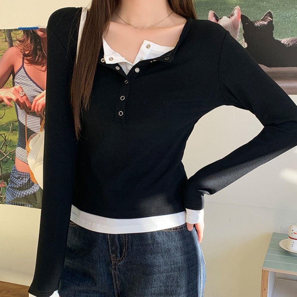 Patchwork Fake Two-Piece T-Shirt V-Neck Base Shirt Y2K Style Long Sleeve Top Casual Wear