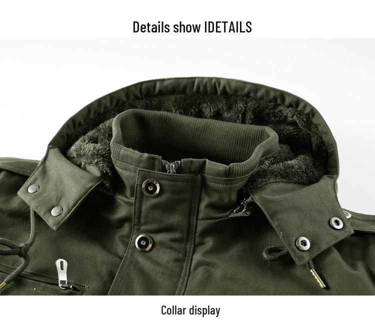 Men's Hooded Military-Style Washed Cotton Jacket with Velvet Lining