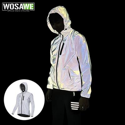 Wosawe Reflective Hooded Cycling Jacket Noctilucent Bike Riding Rainproof Breathable Bicycle Windbreaker
