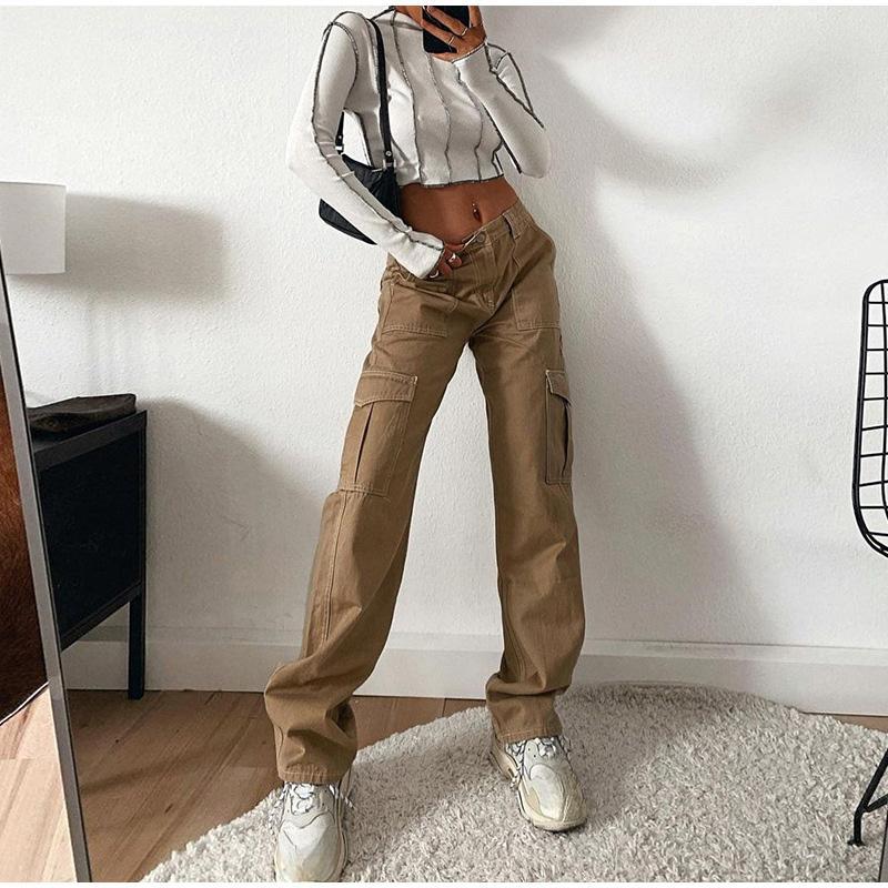 Women Cargo Pants High Waist Solid Color Loose Multi Pockets Full Length Soft Breathable Casual Streetwear Lady Denim Trousers