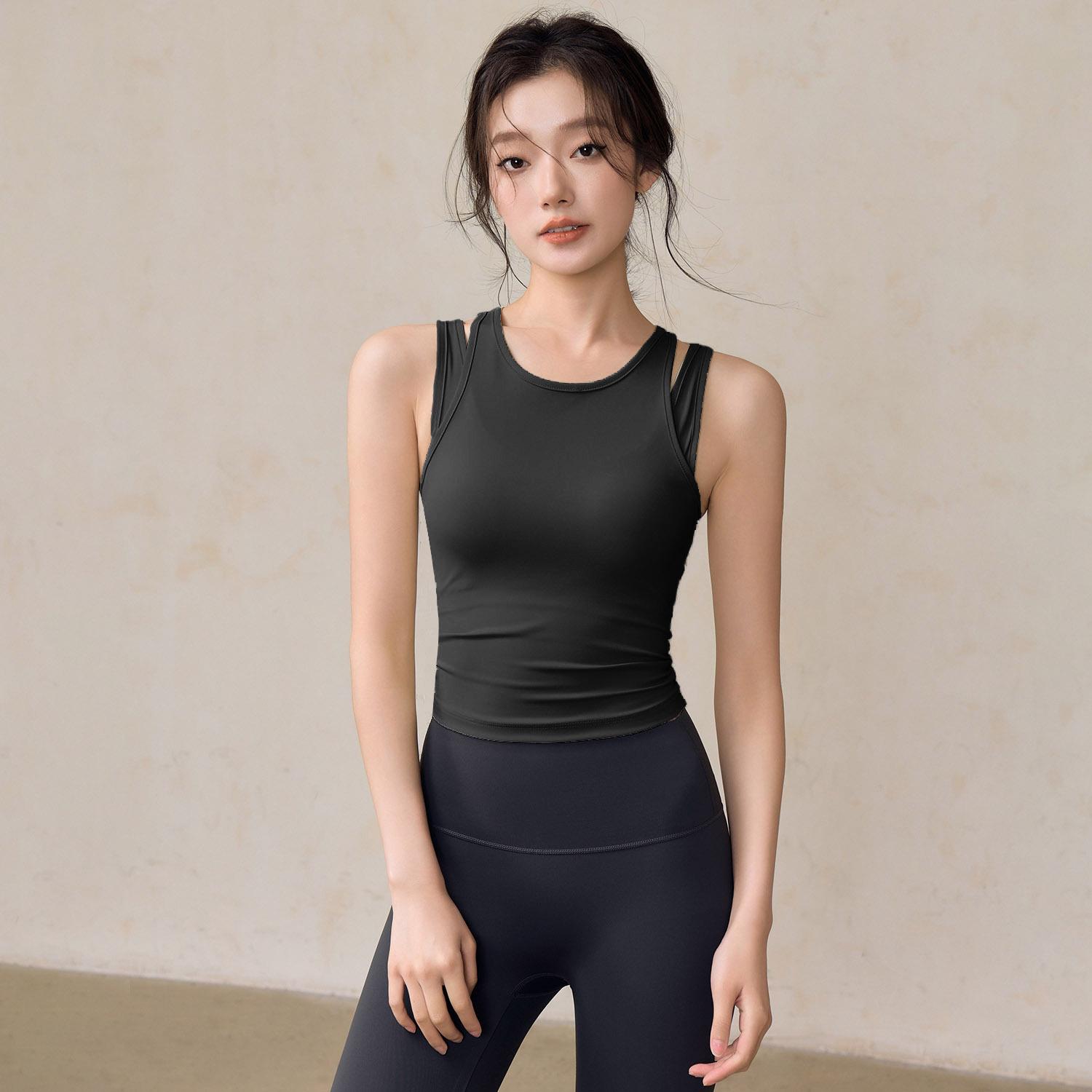 Women s Nude Feel Two-Piece Sports Bra Yoga Tank Top with Chest Pads and Double Straps
