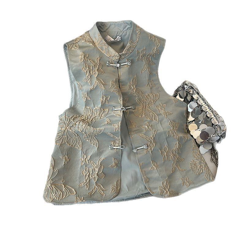 Blue butterfly embroidered vest temperament disc buckle sleeveless versatile European early spring top