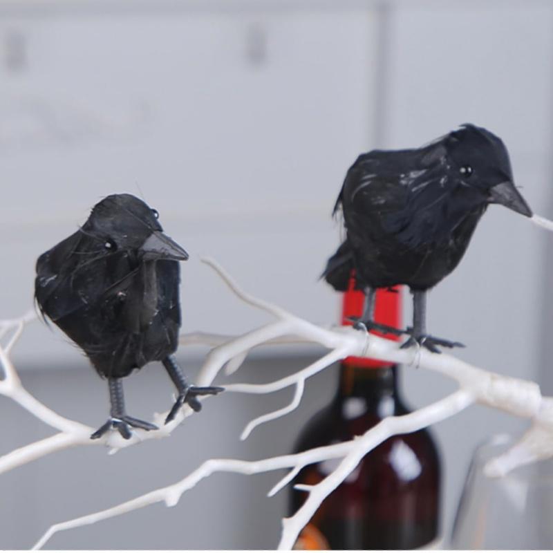 Corvo nero realistico di Halloween, stile retrò, piume artificiali - oggetti di scena decorativi, decorazione per interni, non necessita di elettricità
